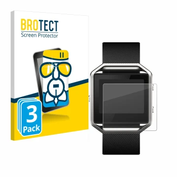 Front side of a product packaging with the brand logo BROTECT. Next to it is the device Fitbit Blaze shown with the correspond