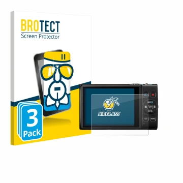 Front side of a product packaging with the brand logo BROTECT. Next to it is the device Canon Digital Ixus 285 hs shown with t