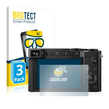 Front side of a product packaging with the brand logo BROTECT. Next to it is the device Panasonic Lumix DMC-TZ101 shown with t