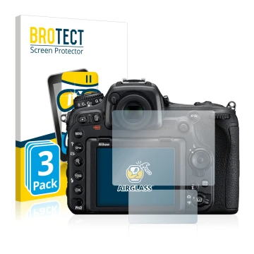 Front side of a product packaging with the brand logo BROTECT. Next to it is the device Nikon D500 shown with the correspondin
