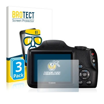 Front side of a product packaging with the brand logo BROTECT. Next to it is the device Canon PowerShot SX540 HS shown with th