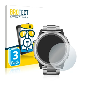 Front side of a product packaging with the brand logo BROTECT. Next to it is the device Garmin Fenix 3 Saphir shown with the c