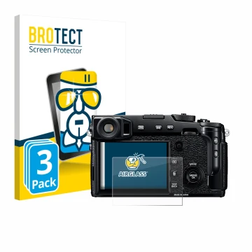 Front side of a product packaging with the brand logo BROTECT. Next to it is the device Fujifilm X-Pro2 shown with the corresp