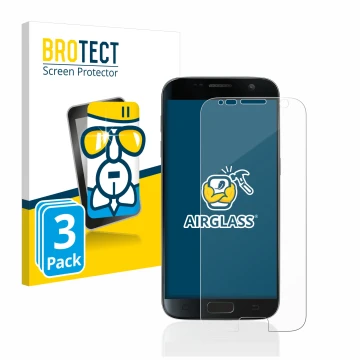 Front side of a product packaging with the brand logo BROTECT. Next to it is the device Samsung Galaxy S7 shown with the corre