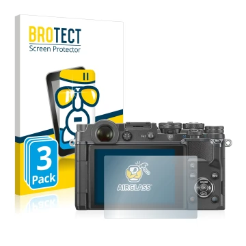 Front side of a product packaging with the brand logo BROTECT. Next to it is the device Olympus PEN-F shown with the correspon