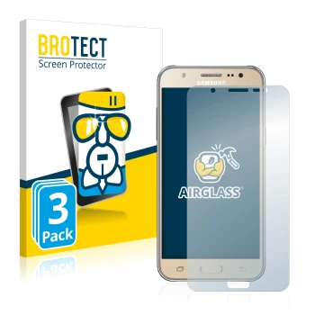 Front side of a product packaging with the brand logo BROTECT. Next to it is the device Samsung Galaxy J7 2016 shown with the 