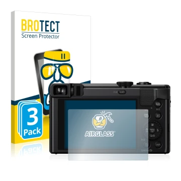 Front side of a product packaging with the brand logo BROTECT. Next to it is the device Panasonic Lumix DMC-TZ80 shown with th