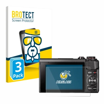 Front side of a product packaging with the brand logo BROTECT. Next to it is the device Canon PowerShot G7 X Mark II shown wit