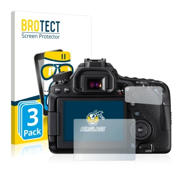 Front side of a product packaging with the brand logo BROTECT. Next to it is the device Canon EOS 80D shown with the correspon