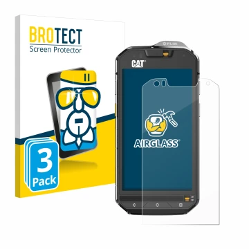 Front side of a product packaging with the brand logo BROTECT. Next to it is the device Caterpillar Cat S60 shown with the cor