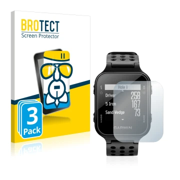 Front side of a product packaging with the brand logo BROTECT. Next to it is the device Garmin Approach S20 shown with the cor
