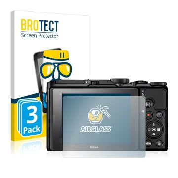 Front side of a product packaging with the brand logo BROTECT. Next to it is the device Nikon Coolpix A900 shown with the corr