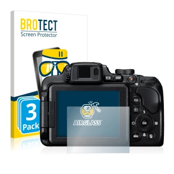 Front side of a product packaging with the brand logo BROTECT. Next to it is the device Nikon Coolpix B700 shown with the corr