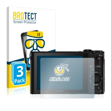Front side of a product packaging with the brand logo BROTECT. Next to it is the device Sony Cyber-Shot DSC-HX80 shown with th