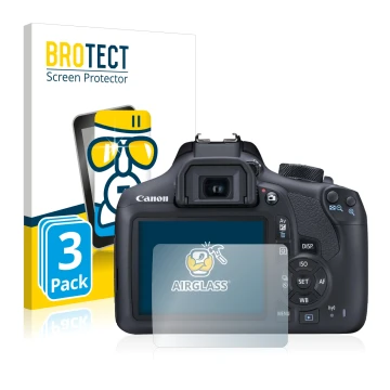 Front side of a product packaging with the brand logo BROTECT. Next to it is the device Canon EOS 1300D shown with the corresp