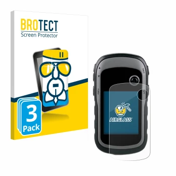 Front side of a product packaging with the brand logo BROTECT. Next to it is the device Garmin eTrex 30x shown with the corres