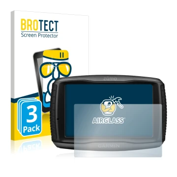 Front side of a product packaging with the brand logo BROTECT. Next to it is the device Garmin zumo 595LM shown with the corre