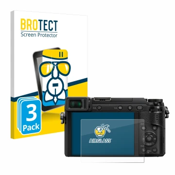 Front side of a product packaging with the brand logo BROTECT. Next to it is the device Panasonic Lumix DMC-GX80 shown with th