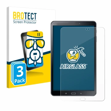 Front side of a product packaging with the brand logo BROTECT. Next to it is the device Samsung Galaxy Tab A 10.1 2016 SM-T585