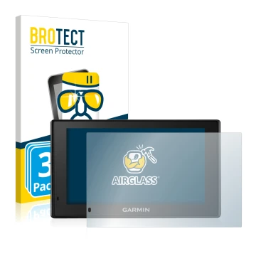 Front side of a product packaging with the brand logo BROTECT. Next to it is the device Garmin DriveSmart 50 LMT-D shown with 
