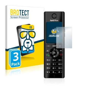 Front side of a product packaging with the brand logo BROTECT. Next to it is the device AVM Fritz!Fon C5 shown with the corres