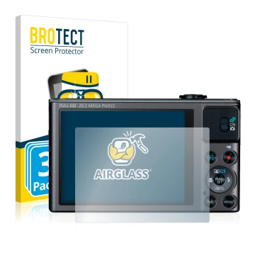 Front side of a product packaging with the brand logo BROTECT. Next to it is the device Canon PowerShot SX620 HS shown with th