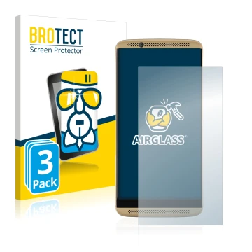 Front side of a product packaging with the brand logo BROTECT. Next to it is the device ZTE Axon 7 shown with the correspondin