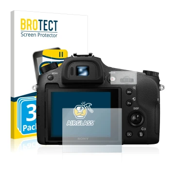Front side of a product packaging with the brand logo BROTECT. Next to it is the device Sony Cyber-Shot DSC-RX10 III shown wit