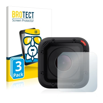 Front side of a product packaging with the brand logo BROTECT. Next to it is the device GoPro Hero Session shown with the corr
