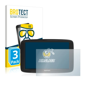 Front side of a product packaging with the brand logo BROTECT. Next to it is the device TomTom Start 62 shown with the corresp