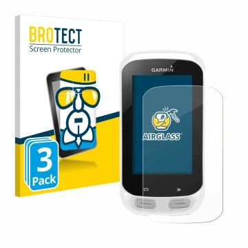 Front side of a product packaging with the brand logo BROTECT. Next to it is the device Garmin Edge Explore 1000 shown with th