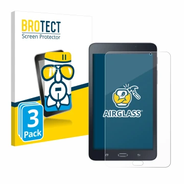 Front side of a product packaging with the brand logo BROTECT. Next to it is the device Samsung Galaxy Tab A6 7.0 shown with t