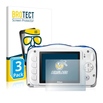 Front side of a product packaging with the brand logo BROTECT. Next to it is the device Nikon Coolpix W100 shown with the corr
