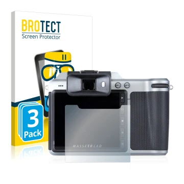 Front side of a product packaging with the brand logo BROTECT. Next to it is the device Hasselblad X1D-50c shown with the corr