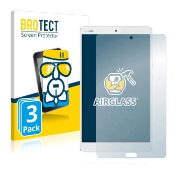 Front side of a product packaging with the brand logo BROTECT. Next to it is the device Huawei MediaPad M3 8.4 shown with the 