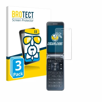 Front side of a product packaging with the brand logo BROTECT. Next to it is the device Samsung Galaxy Folder 2 shown with the