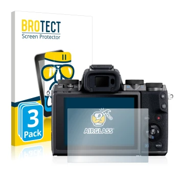 Front side of a product packaging with the brand logo BROTECT. Next to it is the device Canon EOS M5 shown with the correspond
