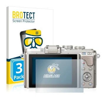 Front side of a product packaging with the brand logo BROTECT. Next to it is the device Olympus PEN E-PL8 shown with the corre
