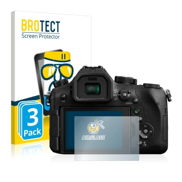 Front side of a product packaging with the brand logo BROTECT. Next to it is the device Panasonic Lumix DMC-FZ2000 shown with 
