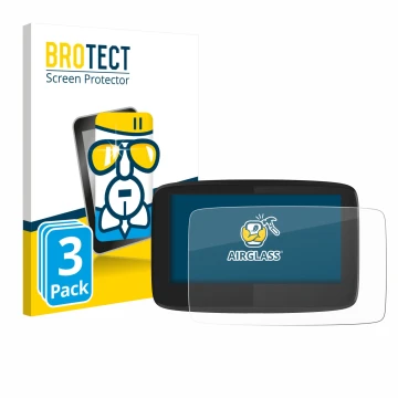 Front side of a product packaging with the brand logo BROTECT. Next to it is the device TomTom GO 620 shown with the correspon