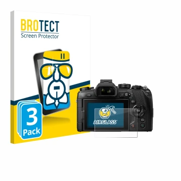 Front side of a product packaging with the brand logo BROTECT. Next to it is the device Olympus OM-D E-M1 Mark II shown with t
