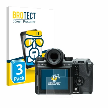 Front side of a product packaging with the brand logo BROTECT. Next to it is the device Fujifilm GFX50S shown with the corresp