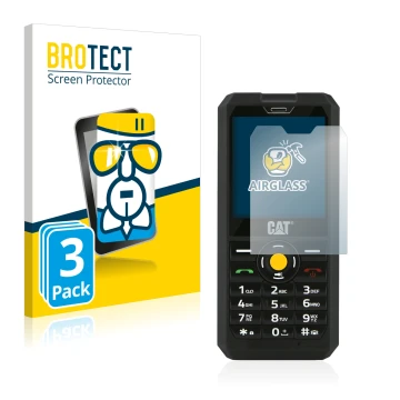 Front side of a product packaging with the brand logo BROTECT. Next to it is the device Caterpillar Cat B30 shown with the cor