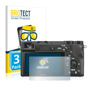 Front side of a product packaging with the brand logo BROTECT. Next to it is the device Sony Alpha 6500 shown with the corresp