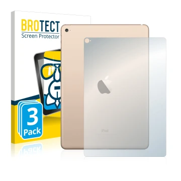 Front side of a product packaging with the brand logo BROTECT. Next to it is the device Apple iPad Air 2 2014 (Back) shown wit