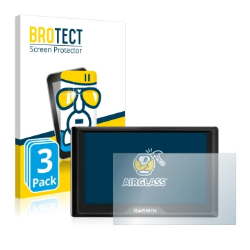Front side of a product packaging with the brand logo BROTECT. Next to it is the device Garmin Drive 50 LM shown with the corr