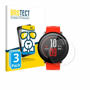 Front side of a product packaging with the brand logo BROTECT. Next to it is the device Huami Amazfit Pace shown with the corr