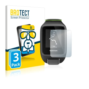 Front side of a product packaging with the brand logo BROTECT. Next to it is the device TomTom Runner 3 shown with the corresp