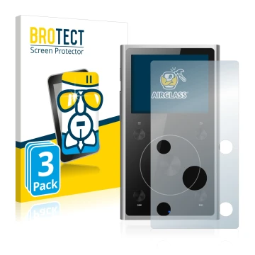 Front side of a product packaging with the brand logo BROTECT. Next to it is the device FiiO X1 II shown with the correspondin