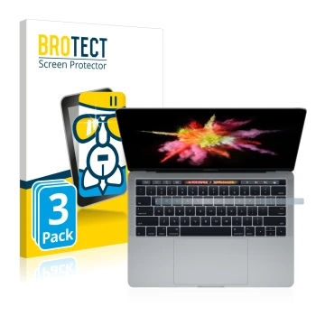 Front side of a product packaging with the brand logo BROTECT. Next to it is the device Apple MacBook Pro 13